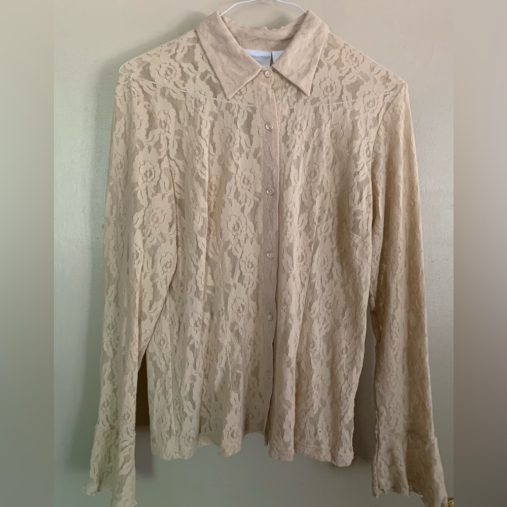 Worthington Cream Color Lace Long Sleeve Button Front Blouse